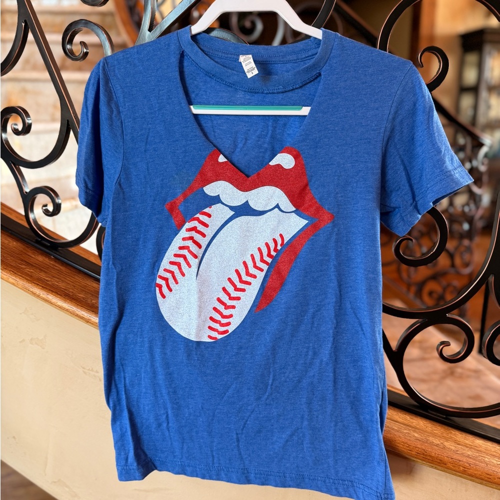 Blue Rolling Stones Lip Baseball T-Shirt with V cut out